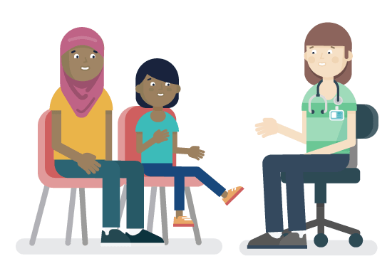 a girl and her mum speaking to a doctor